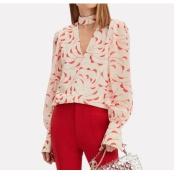 Self-Portrait Tops - Self-Portrait Blouse Women Size 6 Cream Red Abstract Petal Sheer Sleeve Luxury